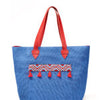 “Judy” Casual Blue Tote bag with Red Leather Handles & Palestinian Embroidery