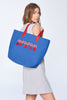 “Judy” Casual Blue Tote bag with Red Leather Handles & Palestinian Embroidery